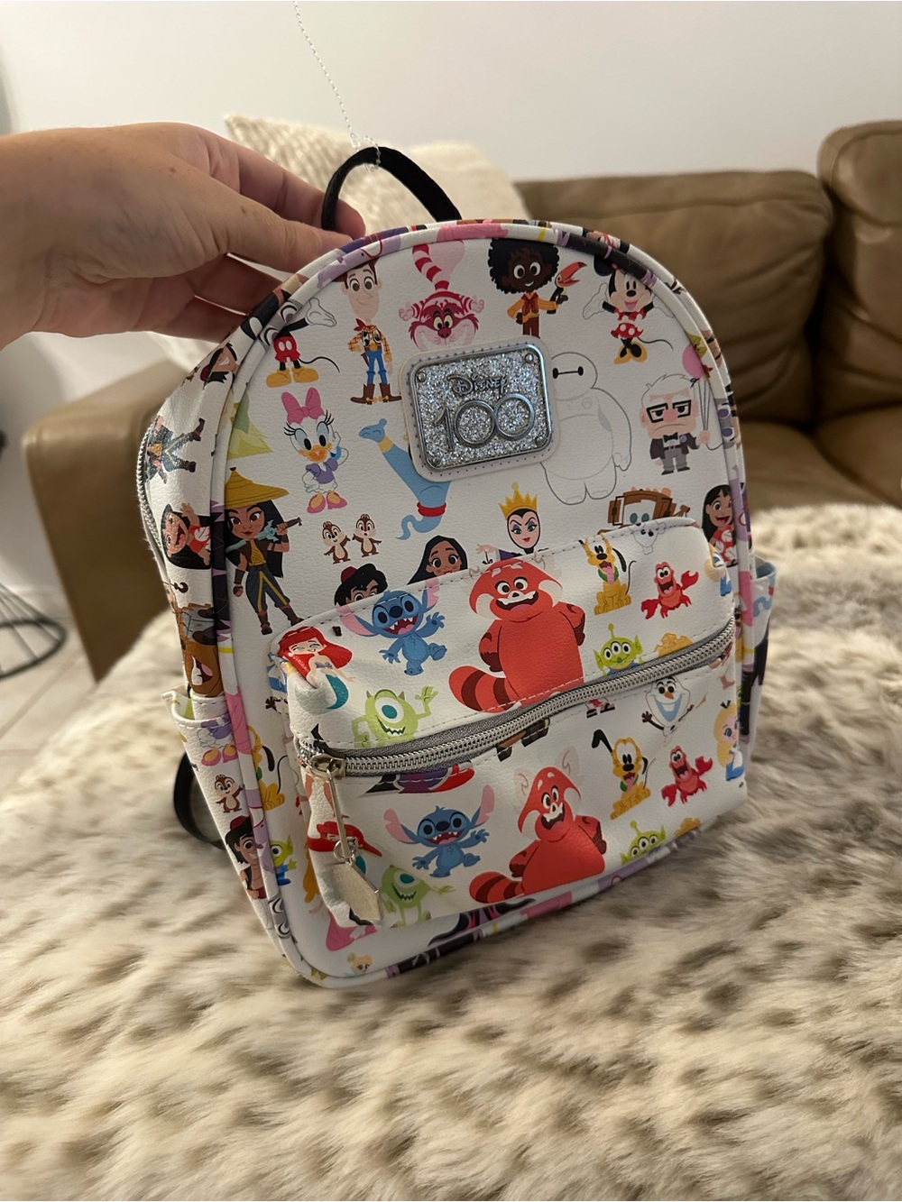 Disney 100 White Multi-Color Character Mini Backpack